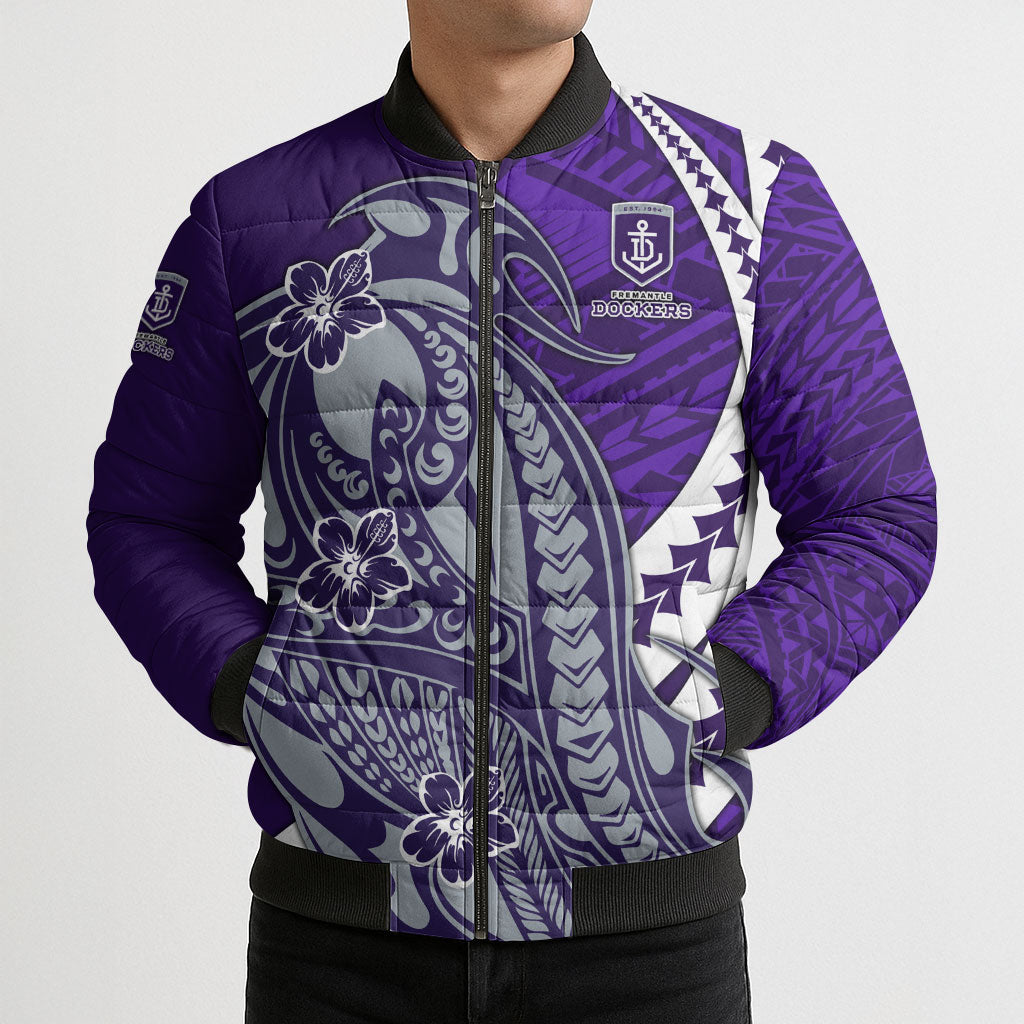 Personalized Fremantle Dockers Bomber Puffer Jacket Polynesian Tribal Freo Mascot With Hibiscus Floral Art