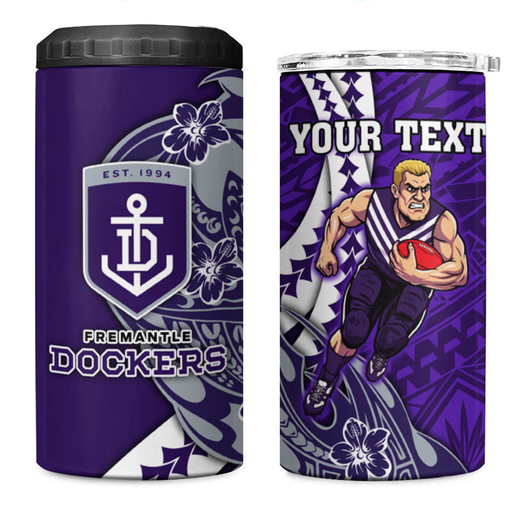 Personalized Fremantle Dockers 4 in 1 Can Cooler Tumbler Polynesian Tribal Freo Mascot With Hibiscus Floral Art