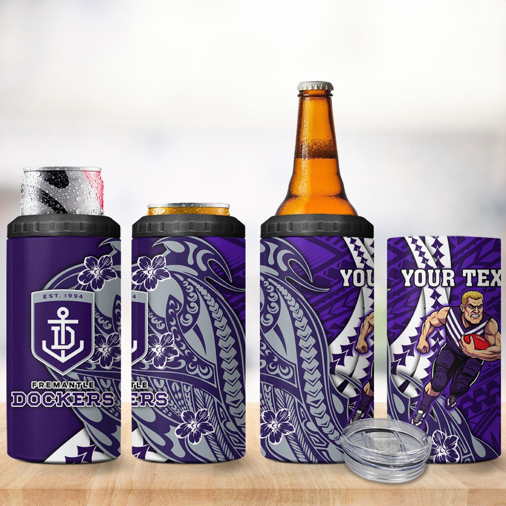 Personalized Fremantle Dockers 4 in 1 Can Cooler Tumbler Polynesian Tribal Freo Mascot With Hibiscus Floral Art