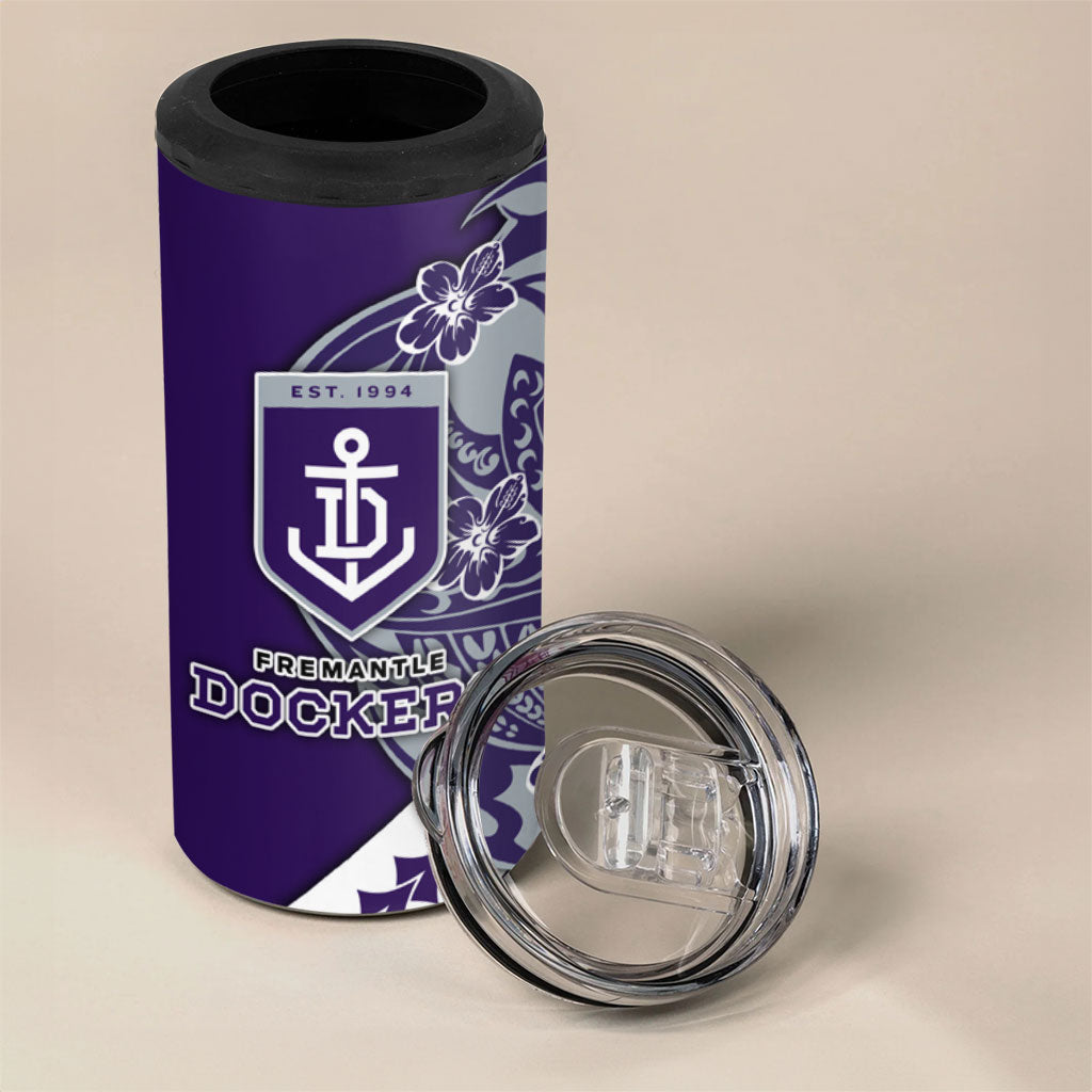 Personalized Fremantle Dockers 4 in 1 Can Cooler Tumbler Polynesian Tribal Freo Mascot With Hibiscus Floral Art