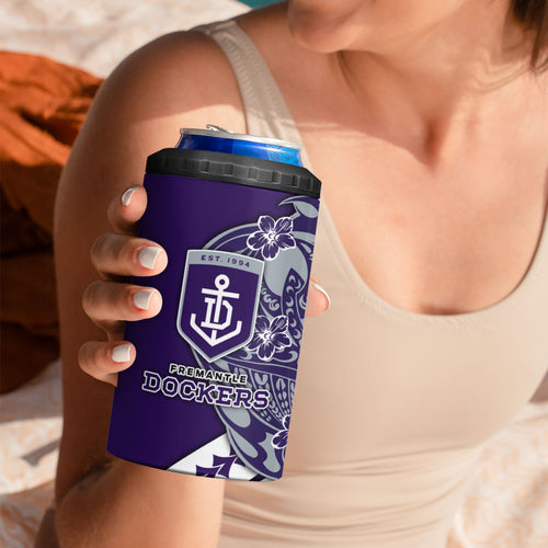 Personalized Fremantle Dockers 4 in 1 Can Cooler Tumbler Polynesian Tribal Freo Mascot With Hibiscus Floral Art