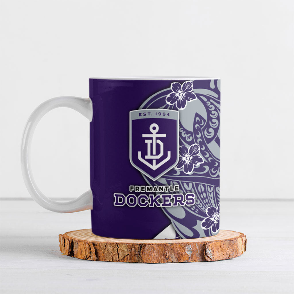 Personalized Fremantle Dockers Ceramic Mug Polynesian Tribal Freo Mascot With Hibiscus Floral Art