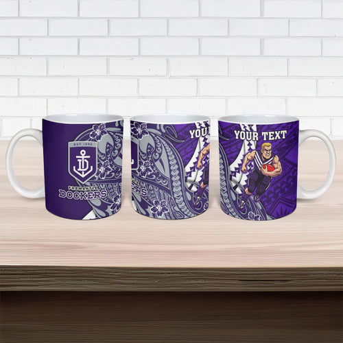 Personalized Fremantle Dockers Ceramic Mug Polynesian Tribal Freo Mascot With Hibiscus Floral Art