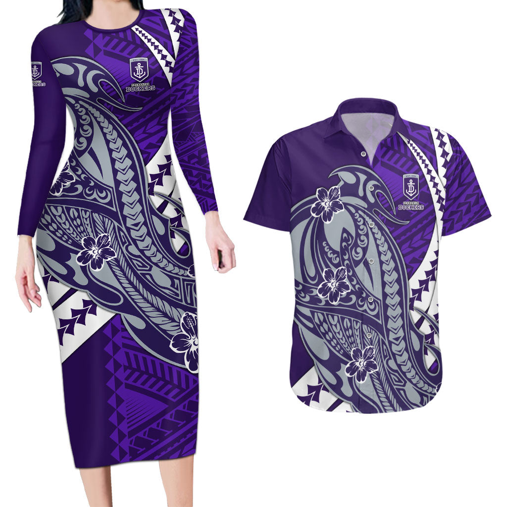 Personalized Fremantle Dockers Couples Matching Long Sleeve Bodycon Dress and Hawaiian Shirt Polynesian Tribal Freo Mascot With Hibiscus Floral Art