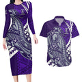 Personalized Fremantle Dockers Couples Matching Long Sleeve Bodycon Dress and Hawaiian Shirt Polynesian Tribal Freo Mascot With Hibiscus Floral Art