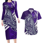 Personalized Fremantle Dockers Couples Matching Long Sleeve Bodycon Dress and Hawaiian Shirt Polynesian Tribal Freo Mascot With Hibiscus Floral Art