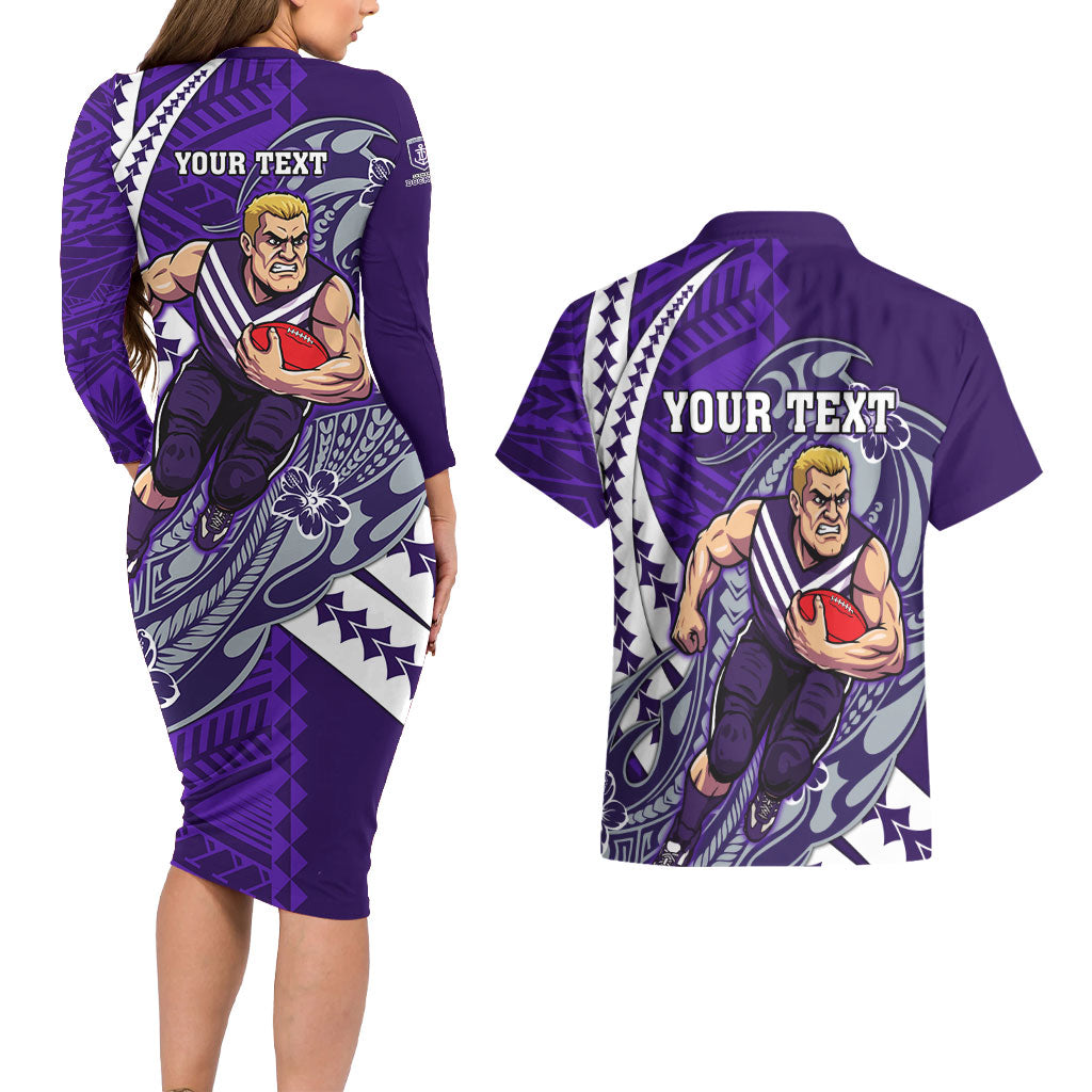 Personalized Fremantle Dockers Couples Matching Long Sleeve Bodycon Dress and Hawaiian Shirt Polynesian Tribal Freo Mascot With Hibiscus Floral Art