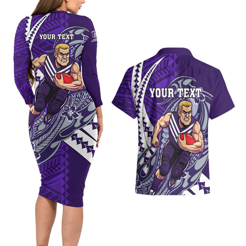 Personalized Fremantle Dockers Couples Matching Long Sleeve Bodycon Dress and Hawaiian Shirt Polynesian Tribal Freo Mascot With Hibiscus Floral Art