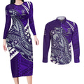 Personalized Fremantle Dockers Couples Matching Long Sleeve Bodycon Dress and Long Sleeve Button Shirt Polynesian Tribal Freo Mascot With Hibiscus Floral Art