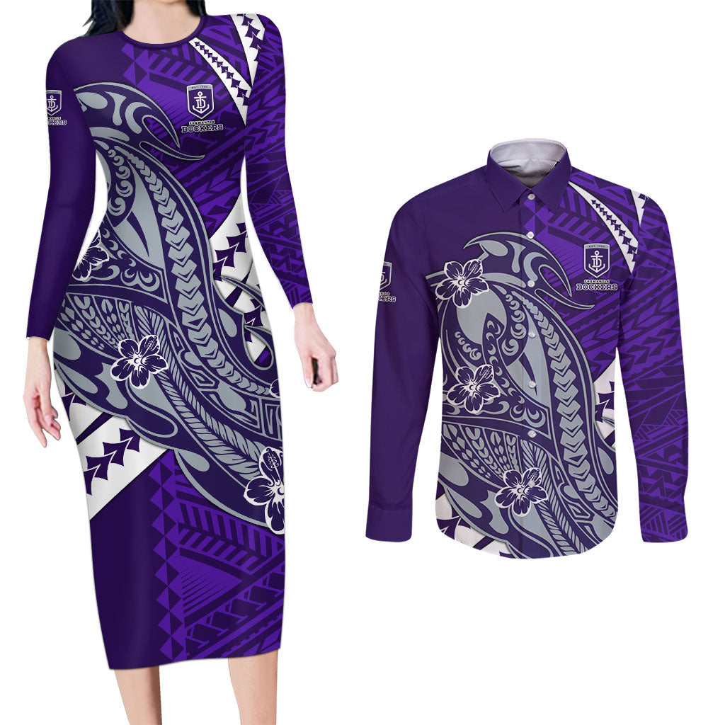 Personalized Fremantle Dockers Couples Matching Long Sleeve Bodycon Dress and Long Sleeve Button Shirt Polynesian Tribal Freo Mascot With Hibiscus Floral Art