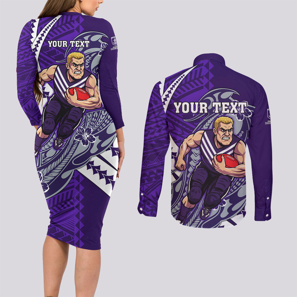 Personalized Fremantle Dockers Couples Matching Long Sleeve Bodycon Dress and Long Sleeve Button Shirt Polynesian Tribal Freo Mascot With Hibiscus Floral Art