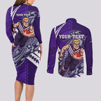Personalized Fremantle Dockers Couples Matching Long Sleeve Bodycon Dress and Long Sleeve Button Shirt Polynesian Tribal Freo Mascot With Hibiscus Floral Art