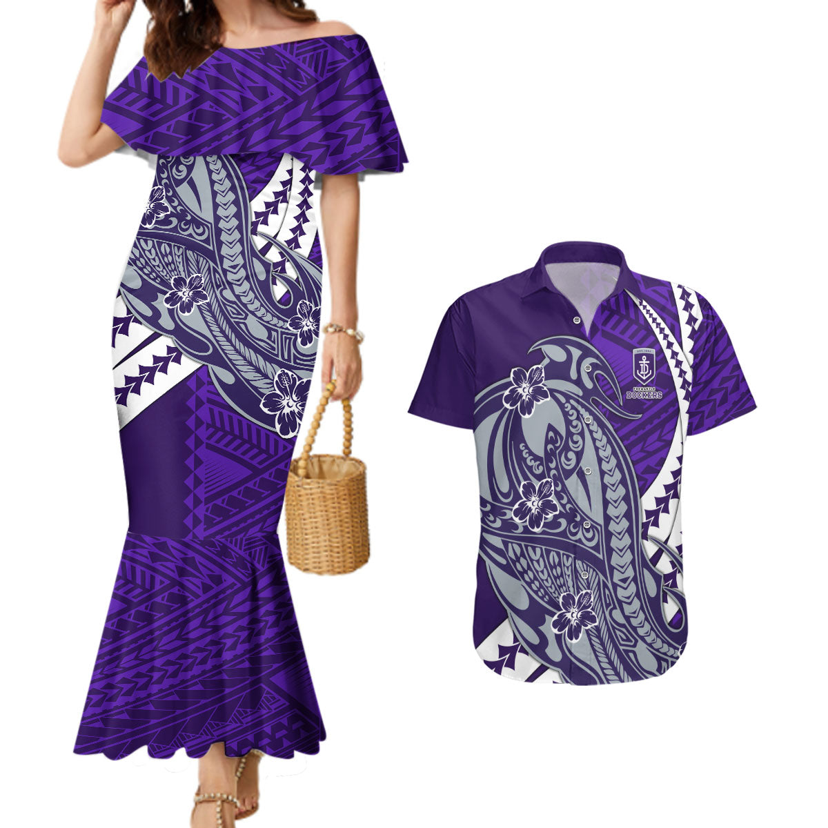 Personalized Fremantle Dockers Couples Matching Mermaid Dress and Hawaiian Shirt Polynesian Tribal Freo Mascot With Hibiscus Floral Art