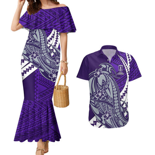 Personalized Fremantle Dockers Couples Matching Mermaid Dress and Hawaiian Shirt Polynesian Tribal Freo Mascot With Hibiscus Floral Art