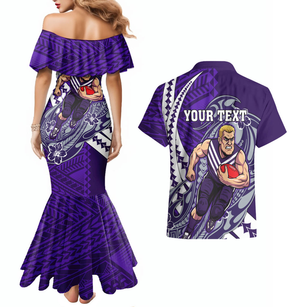 Personalized Fremantle Dockers Couples Matching Mermaid Dress and Hawaiian Shirt Polynesian Tribal Freo Mascot With Hibiscus Floral Art