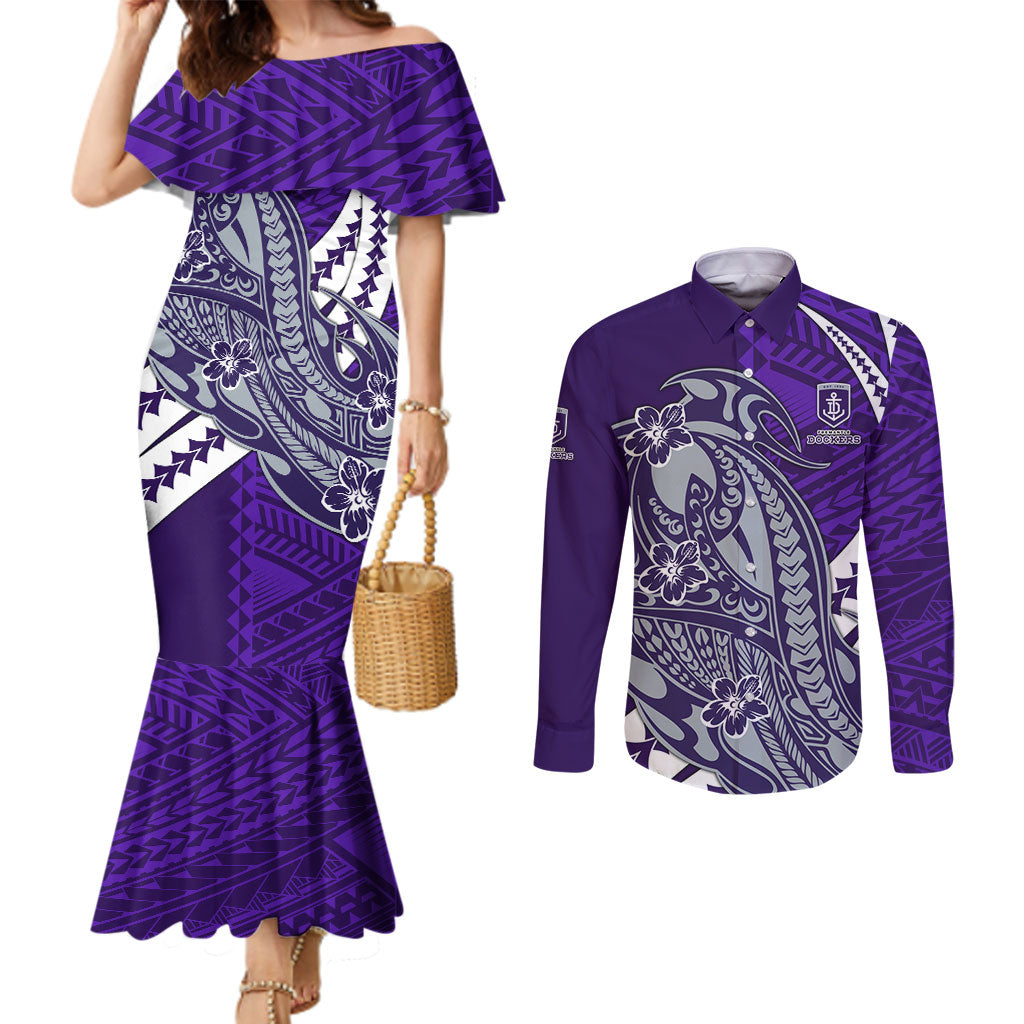 Personalized Fremantle Dockers Couples Matching Mermaid Dress and Long Sleeve Button Shirt Polynesian Tribal Freo Mascot With Hibiscus Floral Art