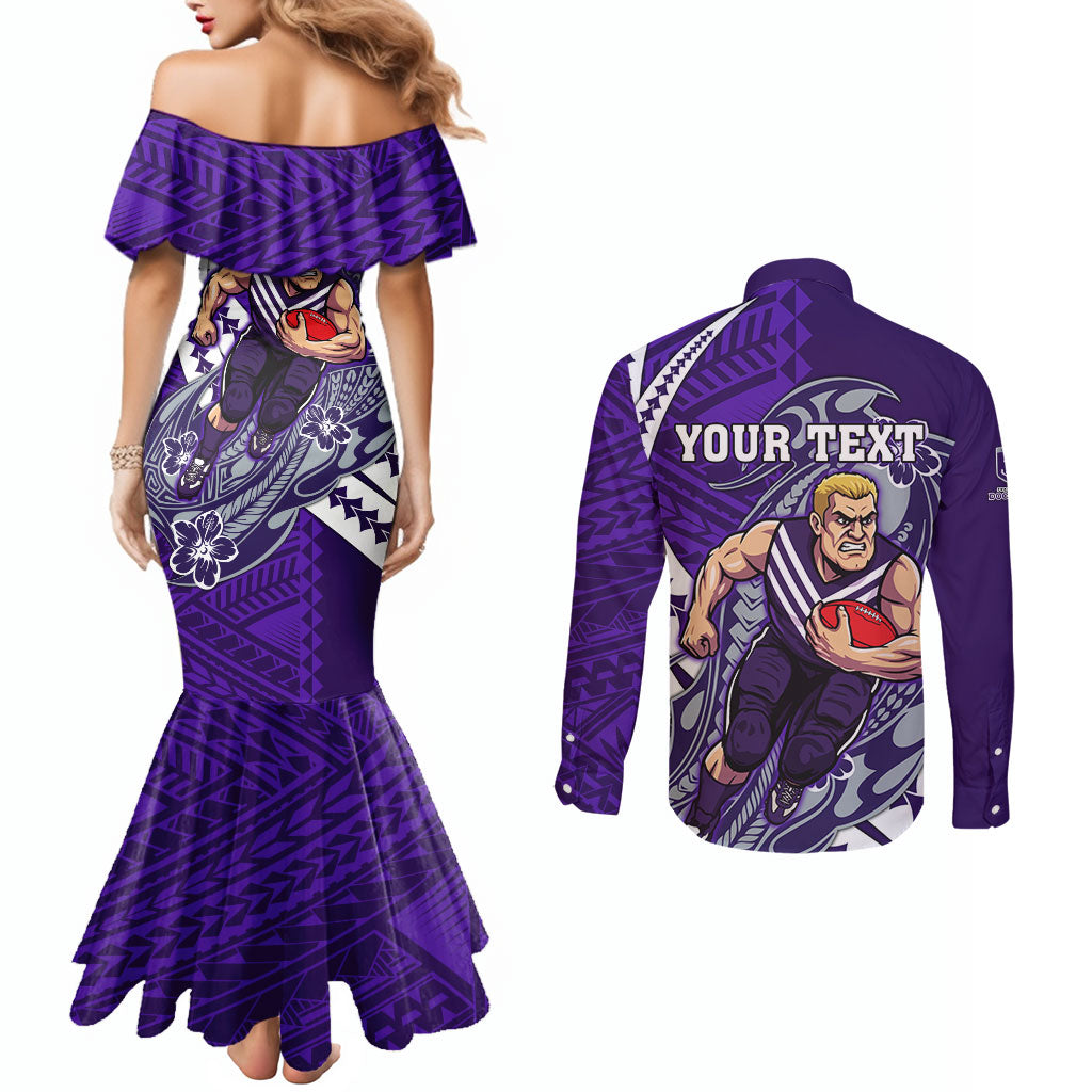 Personalized Fremantle Dockers Couples Matching Mermaid Dress and Long Sleeve Button Shirt Polynesian Tribal Freo Mascot With Hibiscus Floral Art