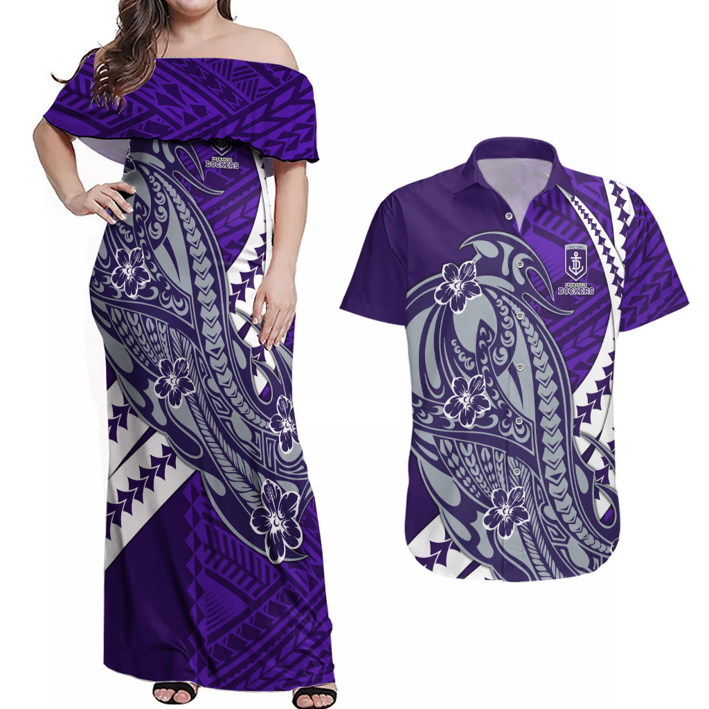 Personalized Fremantle Dockers Couples Matching Off Shoulder Maxi Dress and Hawaiian Shirt Polynesian Tribal Freo Mascot With Hibiscus Floral Art