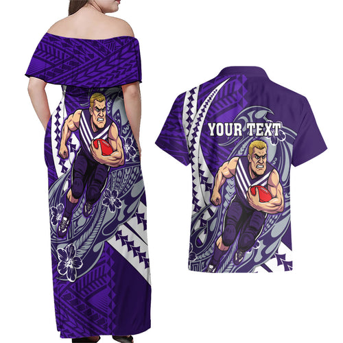 Personalized Fremantle Dockers Couples Matching Off Shoulder Maxi Dress and Hawaiian Shirt Polynesian Tribal Freo Mascot With Hibiscus Floral Art