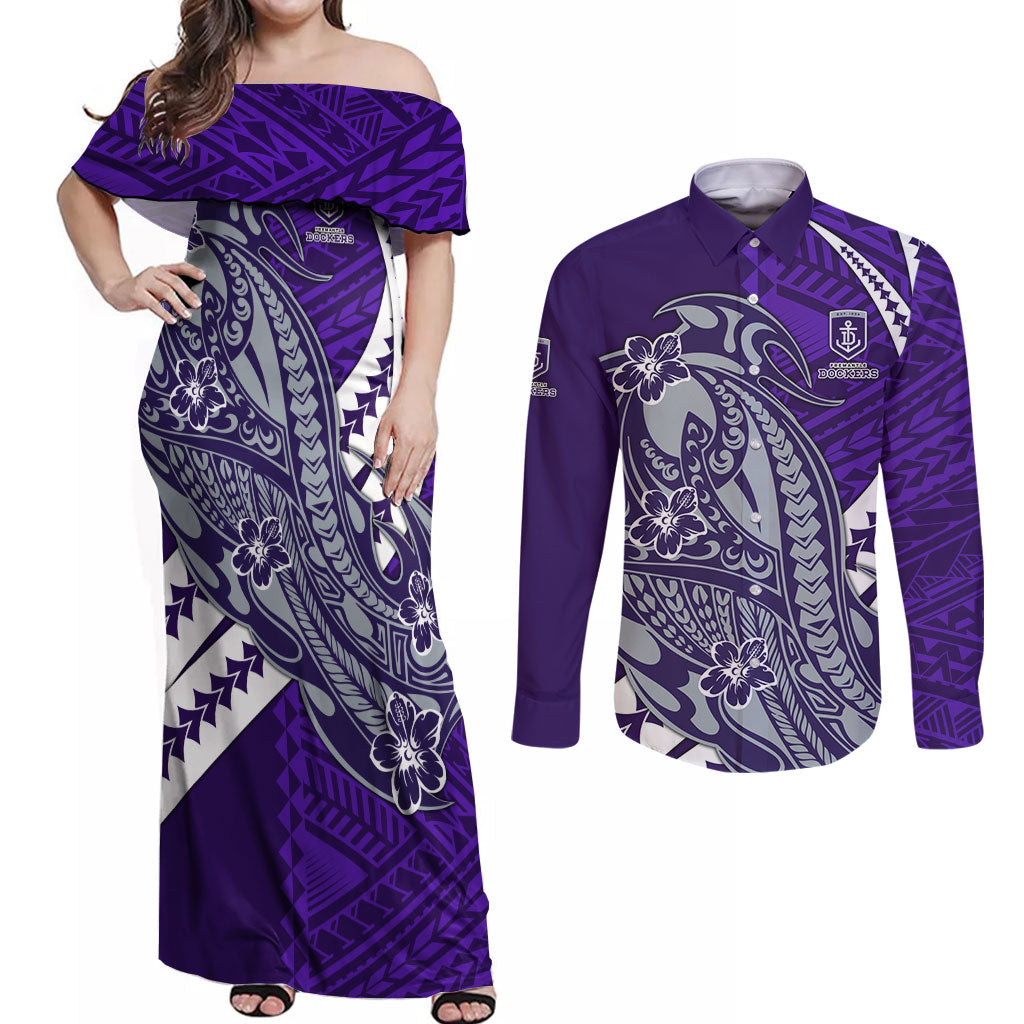Personalized Fremantle Dockers Couples Matching Off Shoulder Maxi Dress and Long Sleeve Button Shirt Polynesian Tribal Freo Mascot With Hibiscus Floral Art