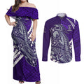 Personalized Fremantle Dockers Couples Matching Off Shoulder Maxi Dress and Long Sleeve Button Shirt Polynesian Tribal Freo Mascot With Hibiscus Floral Art