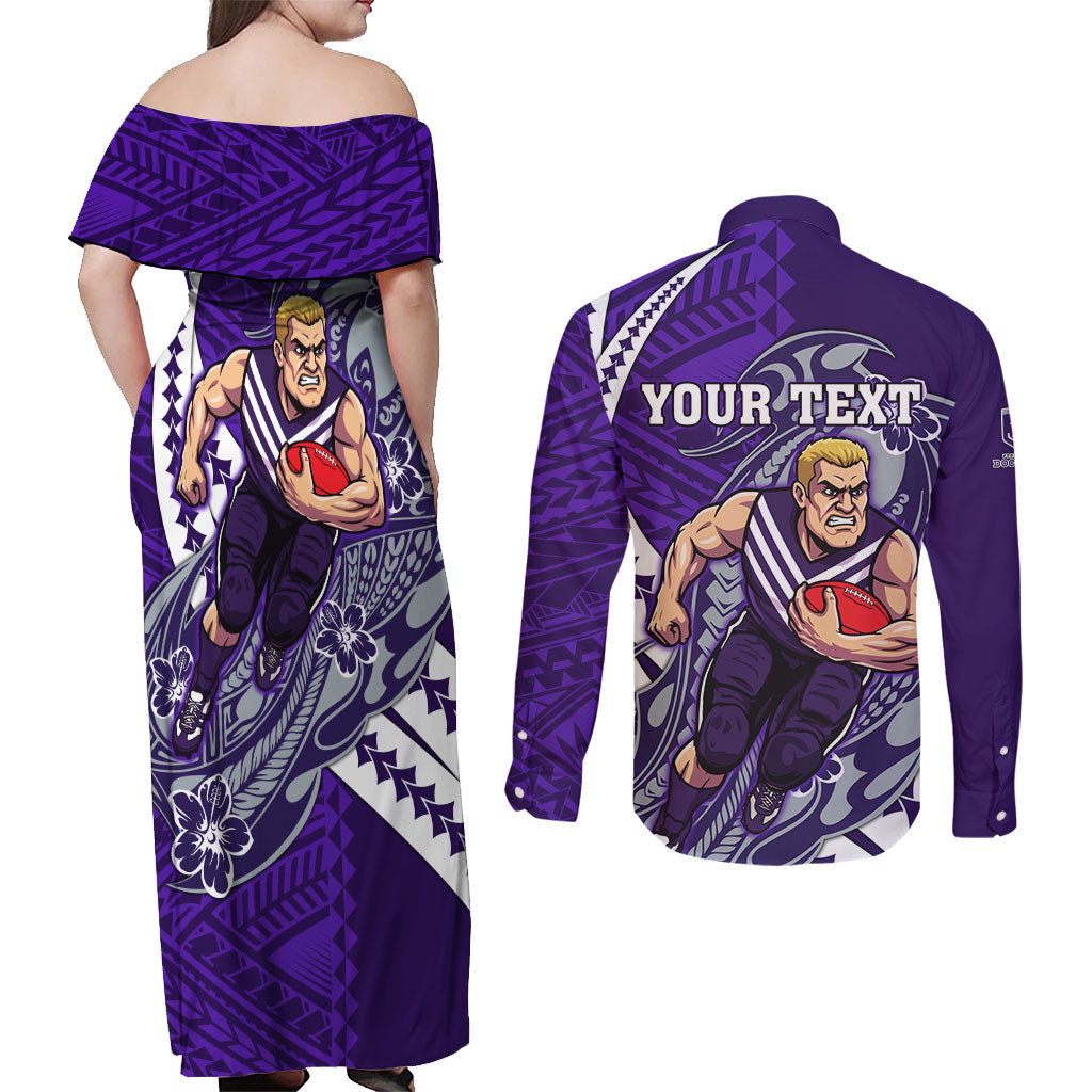 Personalized Fremantle Dockers Couples Matching Off Shoulder Maxi Dress and Long Sleeve Button Shirt Polynesian Tribal Freo Mascot With Hibiscus Floral Art