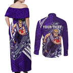 Personalized Fremantle Dockers Couples Matching Off Shoulder Maxi Dress and Long Sleeve Button Shirt Polynesian Tribal Freo Mascot With Hibiscus Floral Art