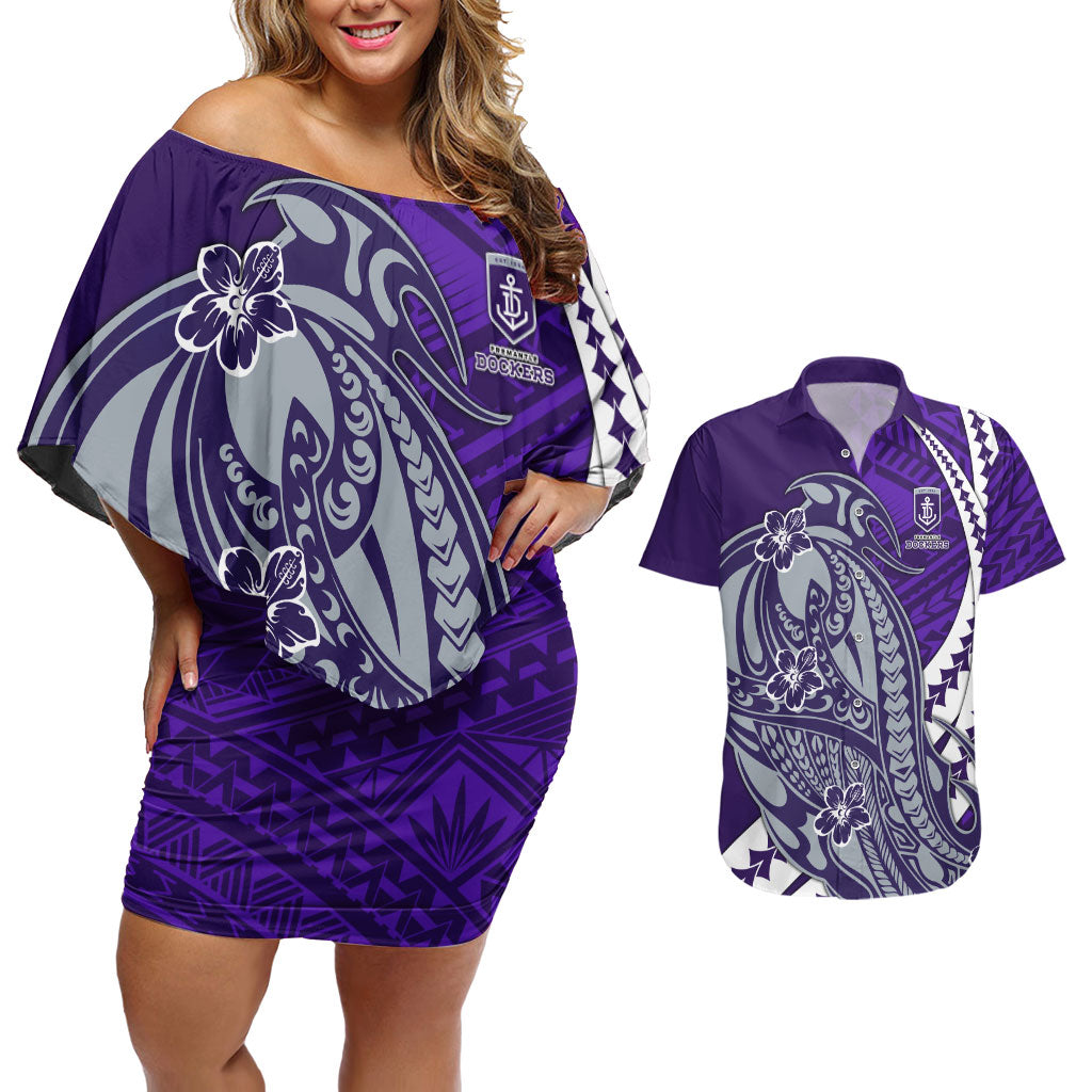 Personalized Fremantle Dockers Couples Matching Off Shoulder Short Dress and Hawaiian Shirt Polynesian Tribal Freo Mascot With Hibiscus Floral Art
