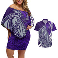 Personalized Fremantle Dockers Couples Matching Off Shoulder Short Dress and Hawaiian Shirt Polynesian Tribal Freo Mascot With Hibiscus Floral Art