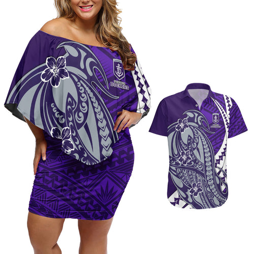 Personalized Fremantle Dockers Couples Matching Off Shoulder Short Dress and Hawaiian Shirt Polynesian Tribal Freo Mascot With Hibiscus Floral Art