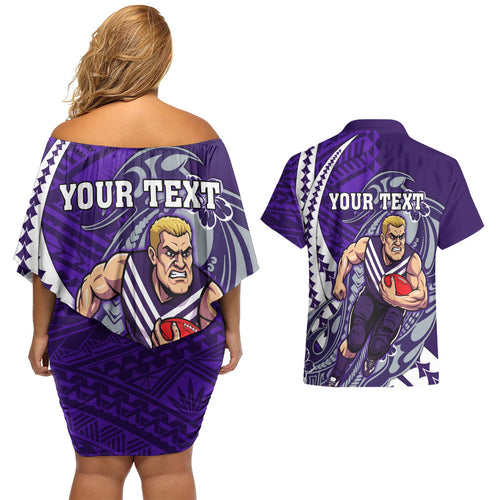 Personalized Fremantle Dockers Couples Matching Off Shoulder Short Dress and Hawaiian Shirt Polynesian Tribal Freo Mascot With Hibiscus Floral Art