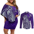 Personalized Fremantle Dockers Couples Matching Off Shoulder Short Dress and Long Sleeve Button Shirt Polynesian Tribal Freo Mascot With Hibiscus Floral Art