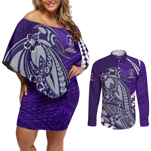 Personalized Fremantle Dockers Couples Matching Off Shoulder Short Dress and Long Sleeve Button Shirt Polynesian Tribal Freo Mascot With Hibiscus Floral Art