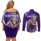 Personalized Fremantle Dockers Couples Matching Off Shoulder Short Dress and Long Sleeve Button Shirt Polynesian Tribal Freo Mascot With Hibiscus Floral Art