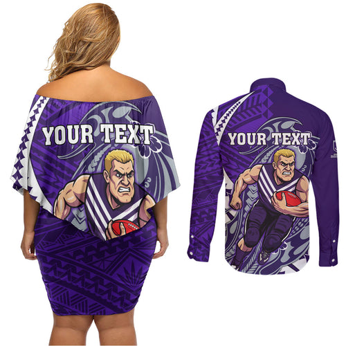 Personalized Fremantle Dockers Couples Matching Off Shoulder Short Dress and Long Sleeve Button Shirt Polynesian Tribal Freo Mascot With Hibiscus Floral Art