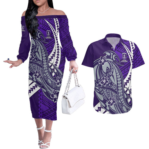 Personalized Fremantle Dockers Couples Matching Off The Shoulder Long Sleeve Dress and Hawaiian Shirt Polynesian Tribal Freo Mascot With Hibiscus Floral Art