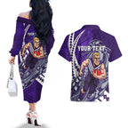 Personalized Fremantle Dockers Couples Matching Off The Shoulder Long Sleeve Dress and Hawaiian Shirt Polynesian Tribal Freo Mascot With Hibiscus Floral Art