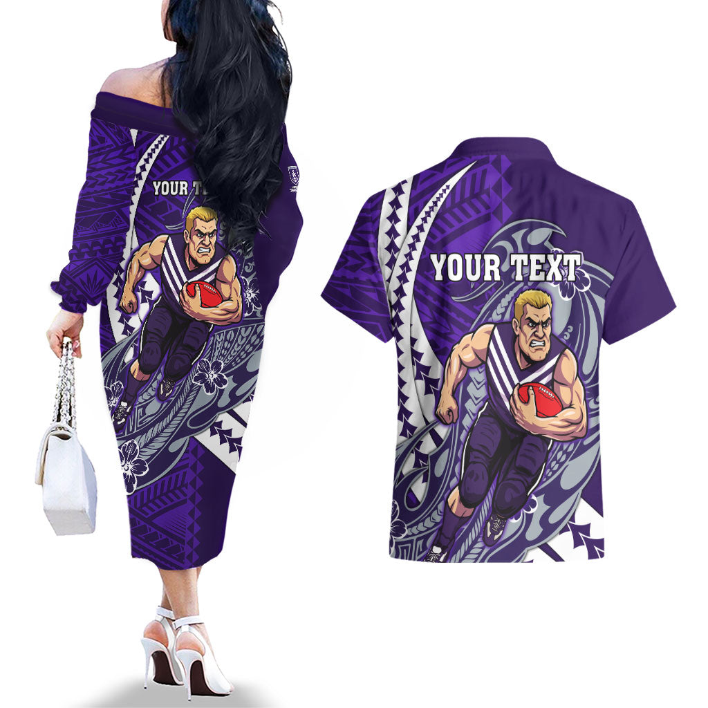 Personalized Fremantle Dockers Couples Matching Off The Shoulder Long Sleeve Dress and Hawaiian Shirt Polynesian Tribal Freo Mascot With Hibiscus Floral Art