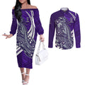 Personalized Fremantle Dockers Couples Matching Off The Shoulder Long Sleeve Dress and Long Sleeve Button Shirt Polynesian Tribal Freo Mascot With Hibiscus Floral Art