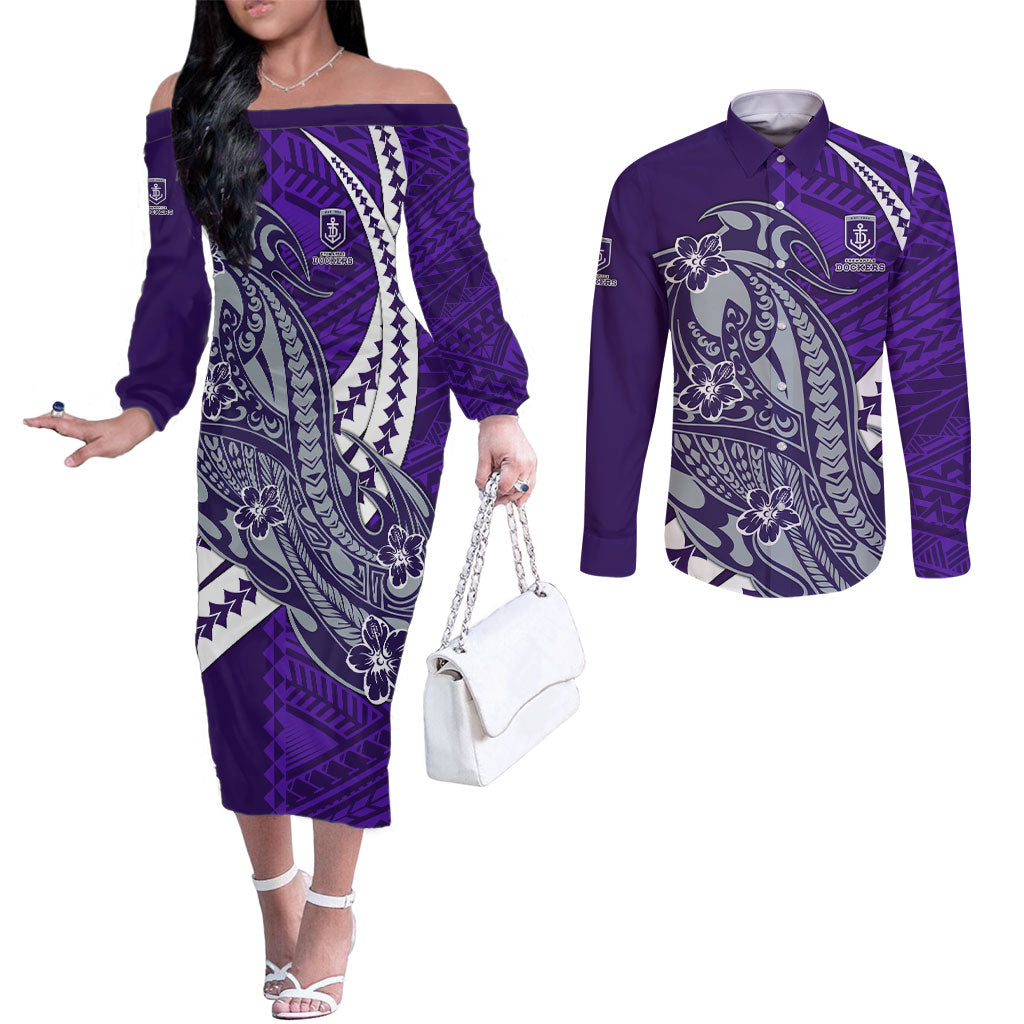 Personalized Fremantle Dockers Couples Matching Off The Shoulder Long Sleeve Dress and Long Sleeve Button Shirt Polynesian Tribal Freo Mascot With Hibiscus Floral Art