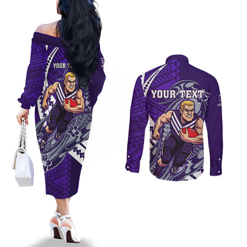 Personalized Fremantle Dockers Couples Matching Off The Shoulder Long Sleeve Dress and Long Sleeve Button Shirt Polynesian Tribal Freo Mascot With Hibiscus Floral Art