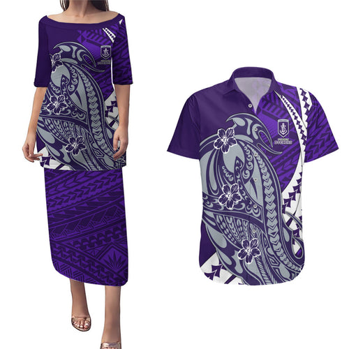 Personalized Fremantle Dockers Couples Matching Puletasi and Hawaiian Shirt Polynesian Tribal Freo Mascot With Hibiscus Floral Art