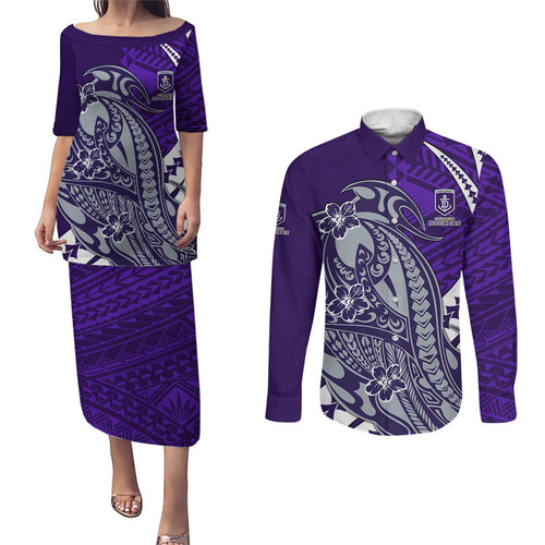 Personalized Fremantle Dockers Couples Matching Puletasi and Long Sleeve Button Shirt Polynesian Tribal Freo Mascot With Hibiscus Floral Art
