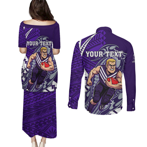 Personalized Fremantle Dockers Couples Matching Puletasi and Long Sleeve Button Shirt Polynesian Tribal Freo Mascot With Hibiscus Floral Art