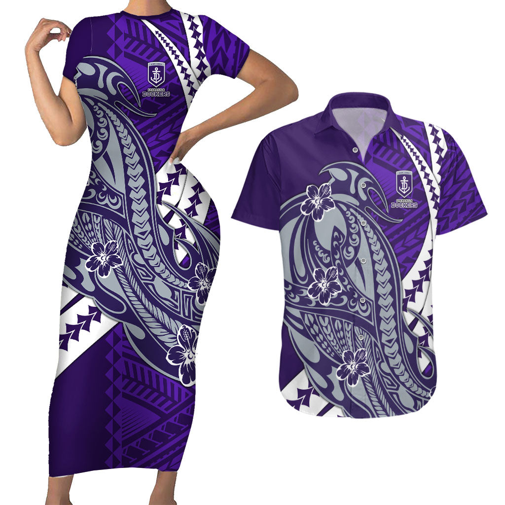Personalized Fremantle Dockers Couples Matching Short Sleeve Bodycon Dress and Hawaiian Shirt Polynesian Tribal Freo Mascot With Hibiscus Floral Art