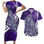 Personalized Fremantle Dockers Couples Matching Short Sleeve Bodycon Dress and Hawaiian Shirt Polynesian Tribal Freo Mascot With Hibiscus Floral Art