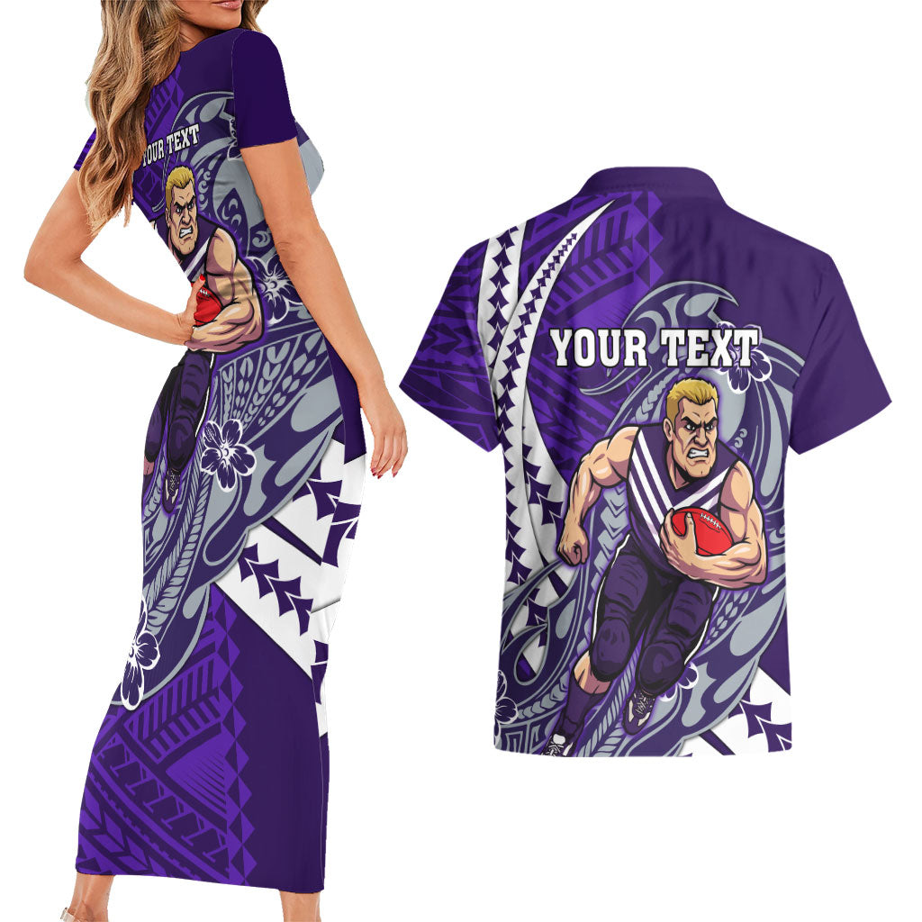 Personalized Fremantle Dockers Couples Matching Short Sleeve Bodycon Dress and Hawaiian Shirt Polynesian Tribal Freo Mascot With Hibiscus Floral Art