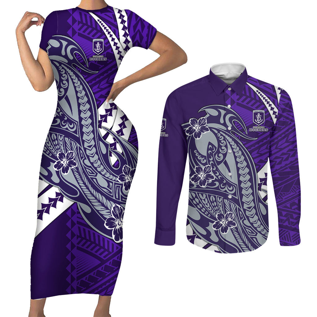 Personalized Fremantle Dockers Couples Matching Short Sleeve Bodycon Dress and Long Sleeve Button Shirt Polynesian Tribal Freo Mascot With Hibiscus Floral Art