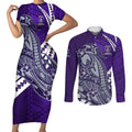 Personalized Fremantle Dockers Couples Matching Short Sleeve Bodycon Dress and Long Sleeve Button Shirt Polynesian Tribal Freo Mascot With Hibiscus Floral Art