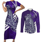 Personalized Fremantle Dockers Couples Matching Short Sleeve Bodycon Dress and Long Sleeve Button Shirt Polynesian Tribal Freo Mascot With Hibiscus Floral Art
